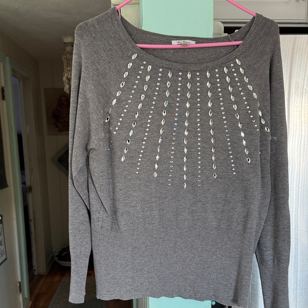 Elegant Gray Embellished Women's Sweater.